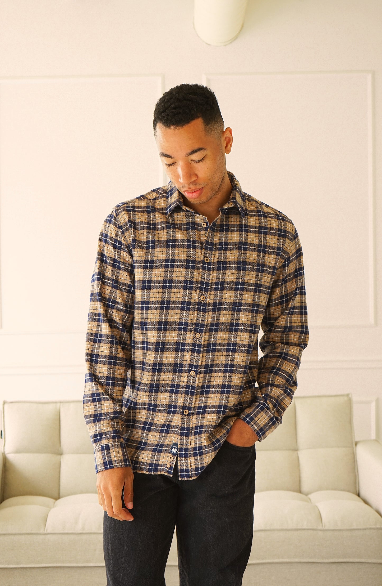 McKenzie Beige Navy Plaid Flannel