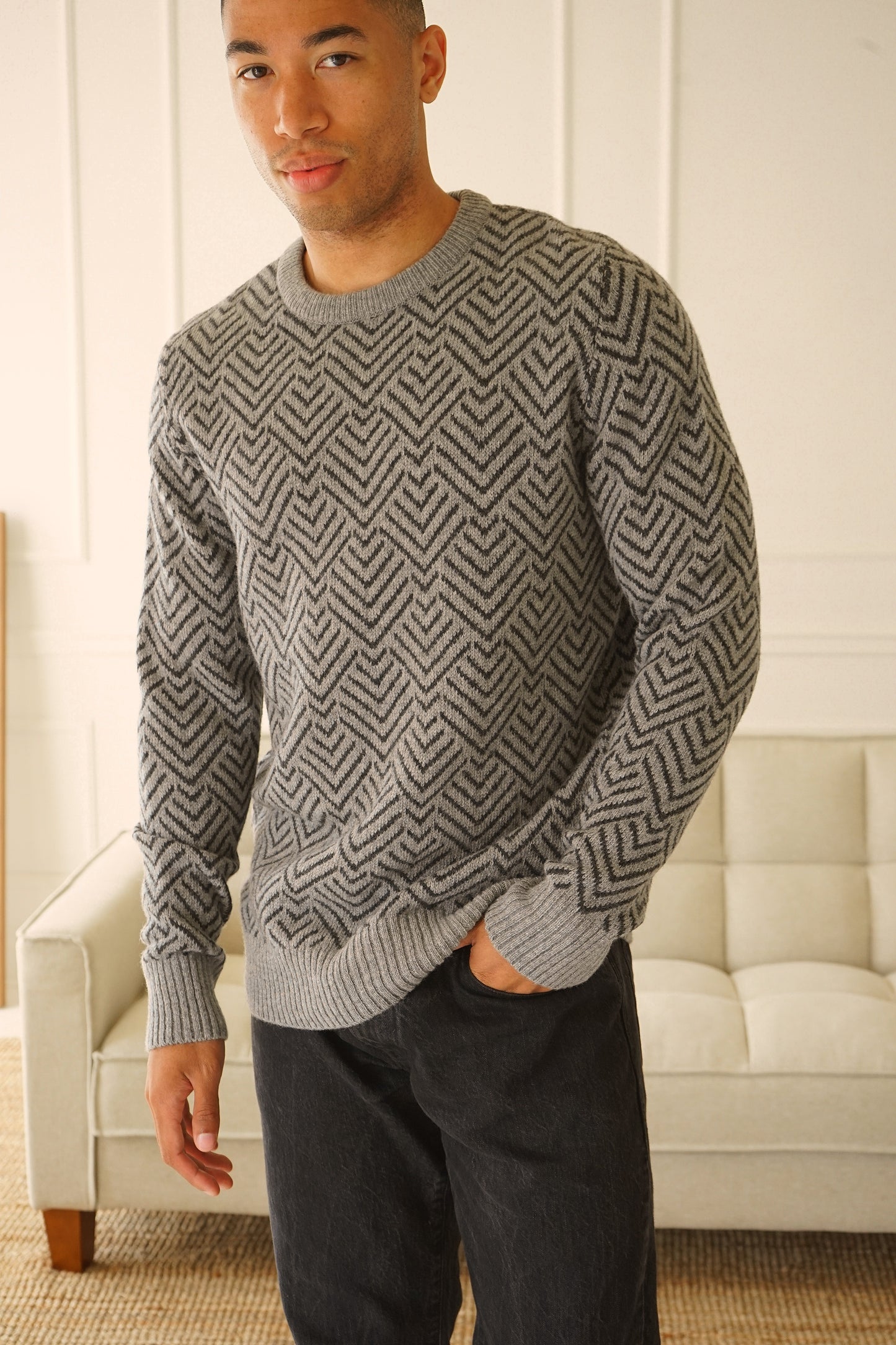 Brisco Light Grey Herringbone Sweater